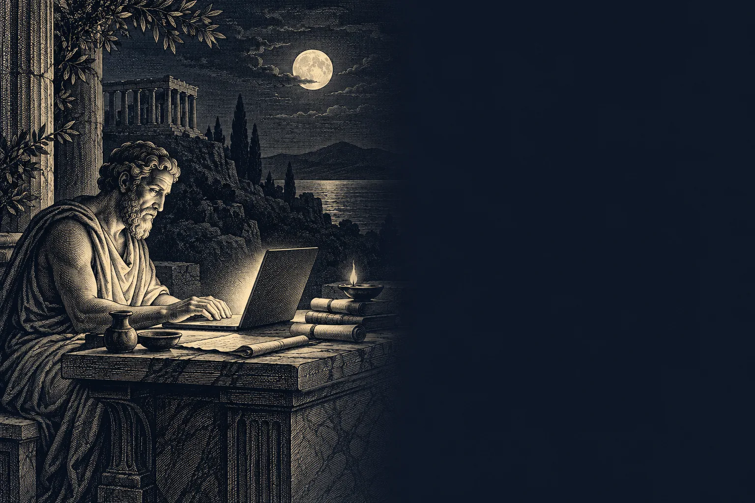 Gravura de um escriba grego trabalhando num notebook à luz da lua
